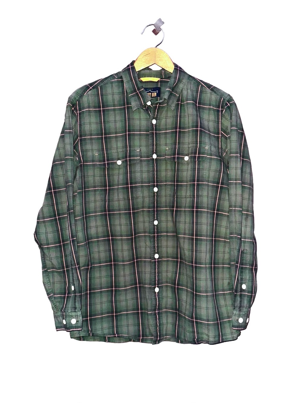 Orvis Trout Bum Shirt Long Sleeve Mens M Medium Green Orange Plaid Fish Outdoor